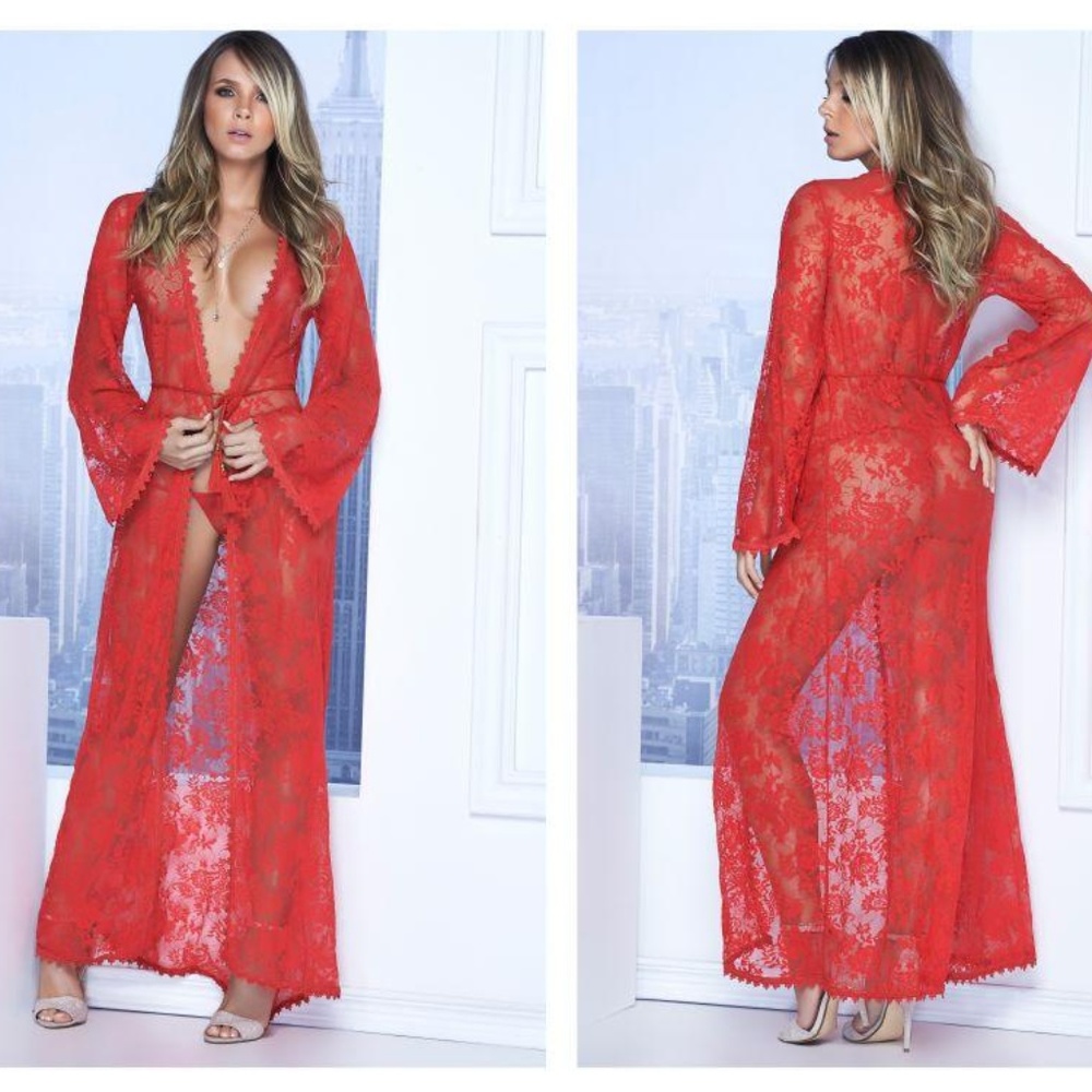 Long Lace Robe Color Red - NWT